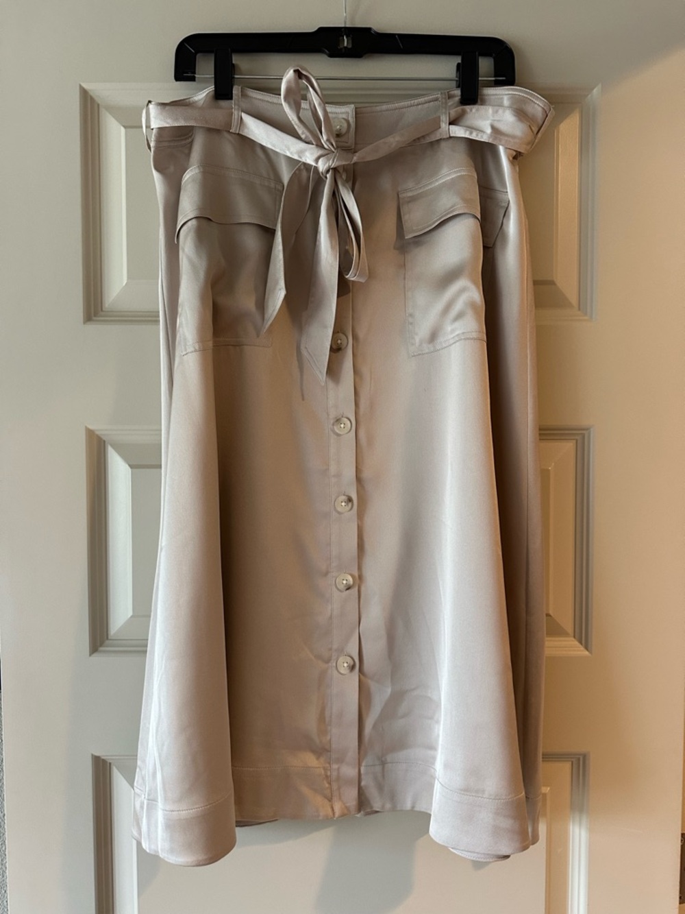 Banana Republic Satin Button-Front Midi Skirt with Tie Waist in Champagne Color
